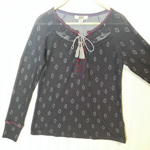 Vintage America Blues Top Women Long Sleeve Navy Blue Red Ribbon Tie Neck Med